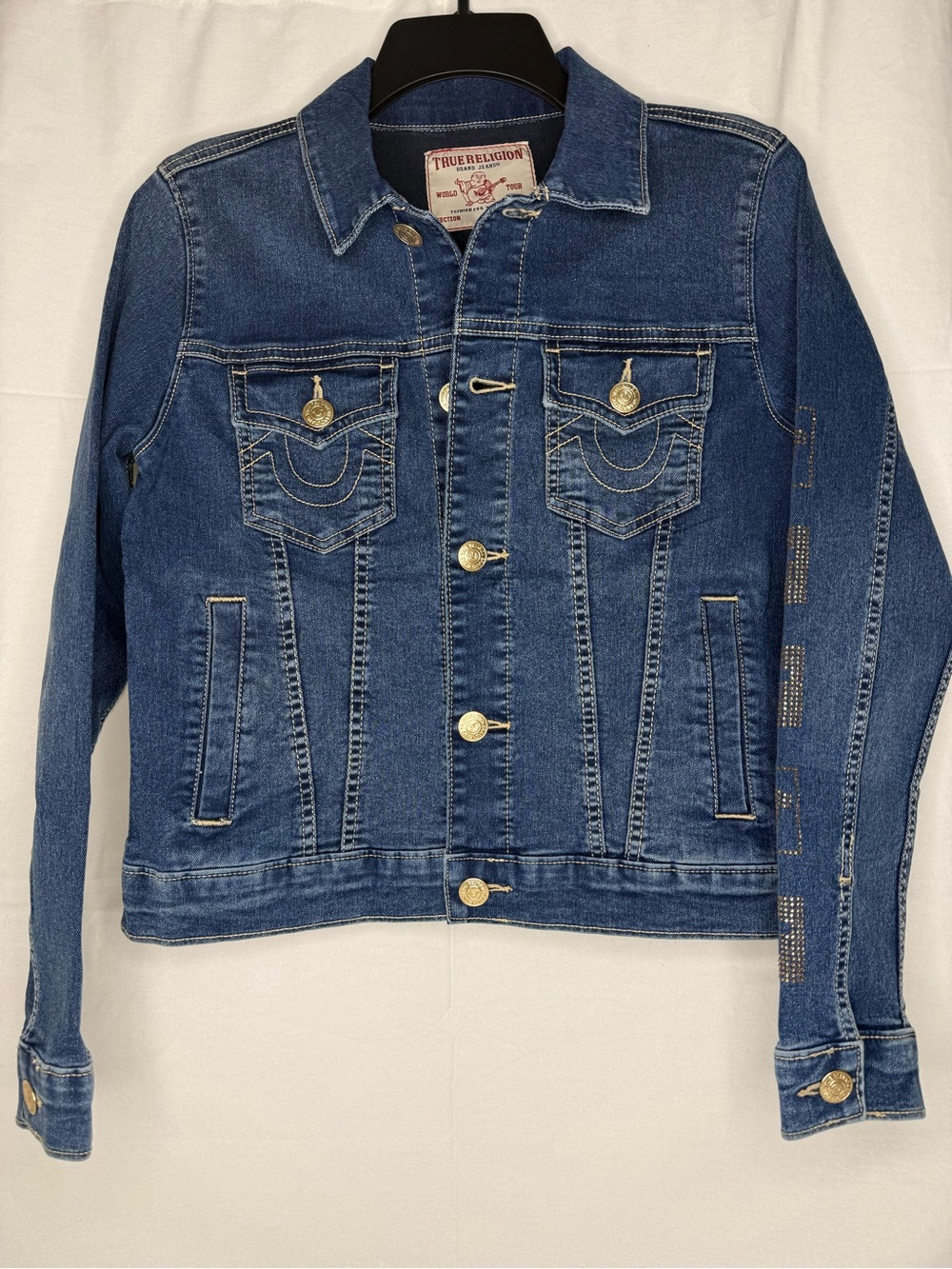True Religion Jesse SN Slim Jacket Embroidered Rhinestones Pockets Blue M